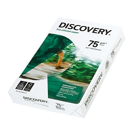 Ein weißer Papierstapel mit grünem Aufdruck und der Aufschrift "DISCOVERY". Aufdruck mit Landschaftsdesign.
