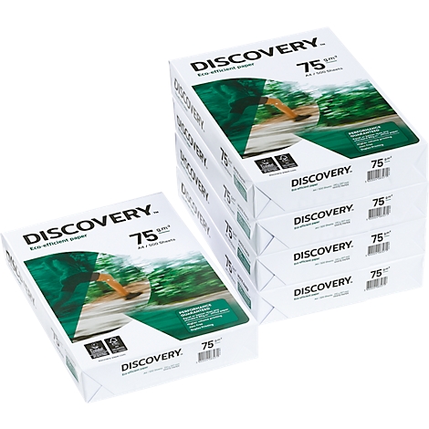 Stapel Papier der Marke Discovery. Verpackung in weiß mit grünen Elementen, Aufdruck 75 g/m².