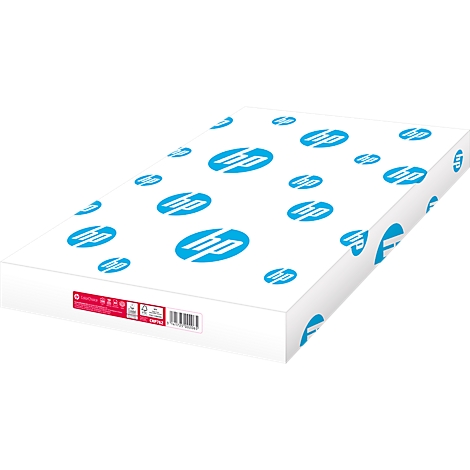 Ein Karton HP-Papier. Weißer Karton mit cyanfarbenen HP-Logos, roter Aufkleber mit Informationen.