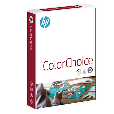 Papierkarton von HP ColorChoice mit Logo und Text, Person hält Blätter.
