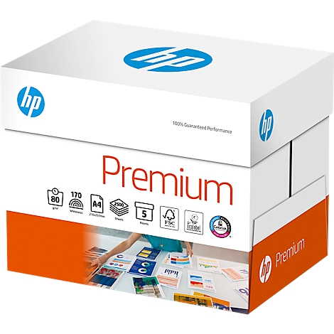 Ein weißer HP Premium-Papierkarton, auf dem "Premium" und das HP-Logo abgebildet sind. Unten sind Papierbögen zu sehen.