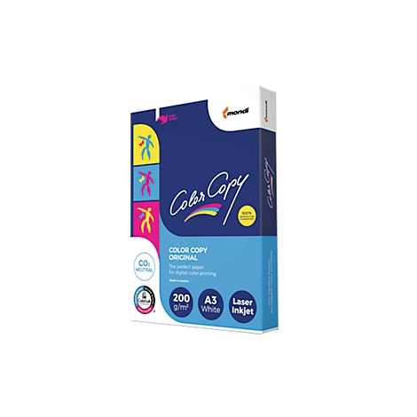 Eine Packung weißes Color Copy Papier, A3, 200g/m², mit Aufschrift 'Color Copy'.