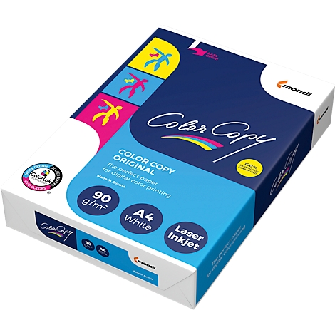 Blau-weiße Papierpackung mit "Color Copy"-Schriftzug. Angaben wie "90 g/m²", "A4 White" und "Laser Inkjet".