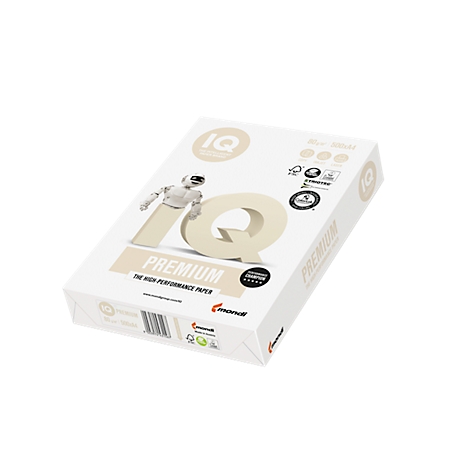 Eine Packung IQ Premium Papier, weiß mit Aufdruck. Die Marke Mondi und ein Roboter sind abgebildet.