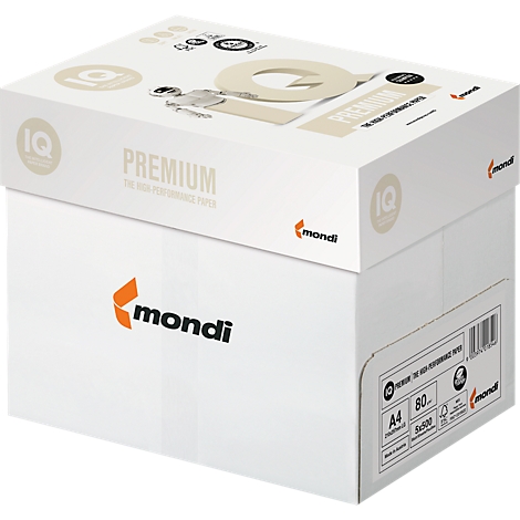 Weißer Karton mit Papier, Aufschrift 'Mondi Premium', A4-Format.