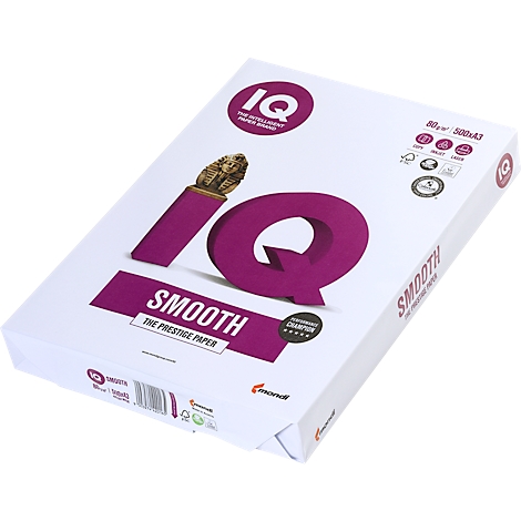Weiße Papierpackung mit lila IQ-Schriftzug und "Smooth"-Logo.