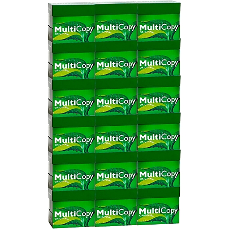Ein Stapel grüner Papierpackungen, die das Logo "MultiCopy" tragen.