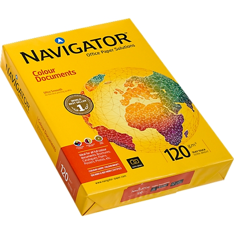 Gelbe Papierpackung mit 'Navigator'-Schriftzug. Die Verpackung zeigt eine Weltkarte in bunten Farben.