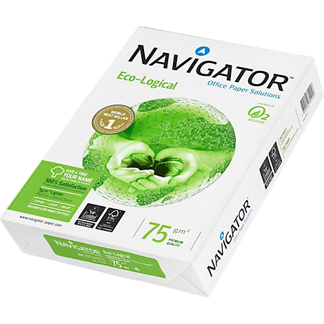 Ein weißer Papierkarton mit Logo-Aufdruck, der zum Teil eine grüne Weltkugel zeigt. Aufschrift: Navigator Eco-Logical.