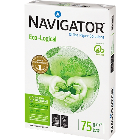 Weißer Papierkarton mit Logo "NAVIGATOR", grüner Globus mit Händen, die eine Pflanze halten. Schriftzüge: "Eco-Logical", "Office Paper Solutions", "75 g.m2".