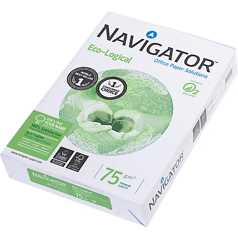 Eine Packung Navigator-Papier, weiß mit grünen Akzenten. Aufdruck: Navigator, Eco-Logical, 75 g/m².