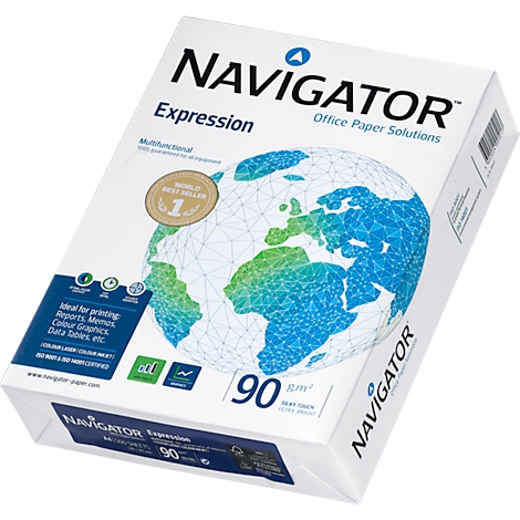 Papierpackung von Navigator Expression mit Weltkarte und 90 g/m². Text: Ideal für Drucke, Berichte, Diagramme, Datentabellen usw.