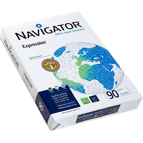 Ein Packung Navigator Papier, weiß, mit blauer und grüner Weltkarte, Schriftzug, „90 g/m²“