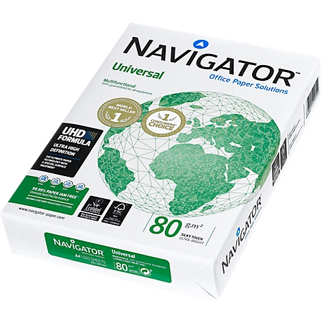 Papierpackung "Navigator Universal" mit Weltkarte und Auszeichnungen.