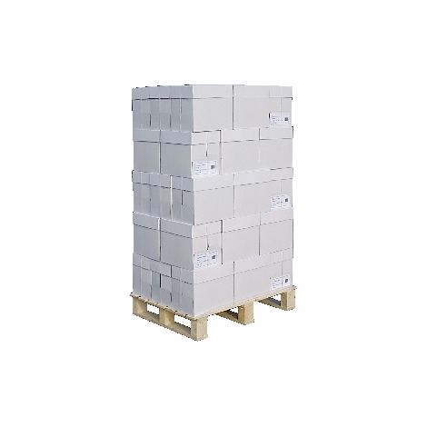 Ein Stapel weißer Kartons auf einer Holzpalette. Auf einigen Kartons sind Etiketten zu sehen.