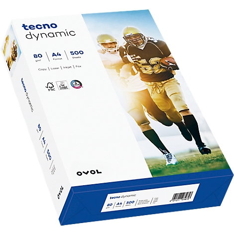 Papierpackung Tecno Dynamic. Auf der Packung ein Football-Spiel. Aufschrift: 80 gsm, A4, 500 Blatt.