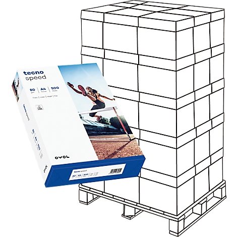 Ein Palettenturm mit Papierpaketen. Ein geöffnetes Papierpaket zeigt eine Sportlerin beim Hürdenlauf.