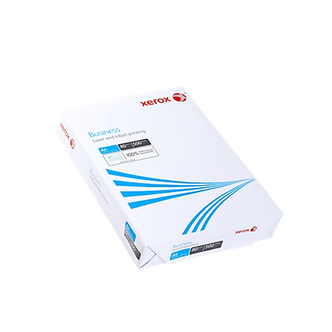 Eine Packung Xerox Business-Papier, weiß, mit blauen Streifen und Aufdrucken.