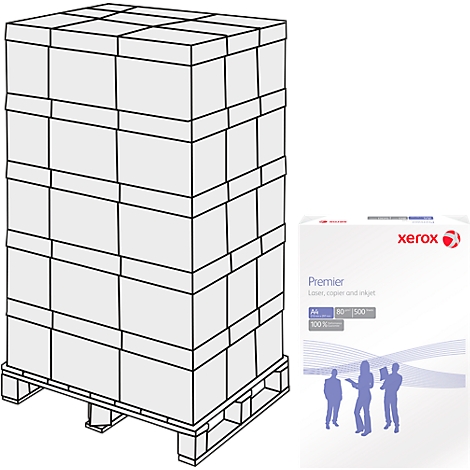 Stapel Papier auf Palette, daneben eine Papierverpackung mit dem Xerox-Logo und Abbildungen von Personen.