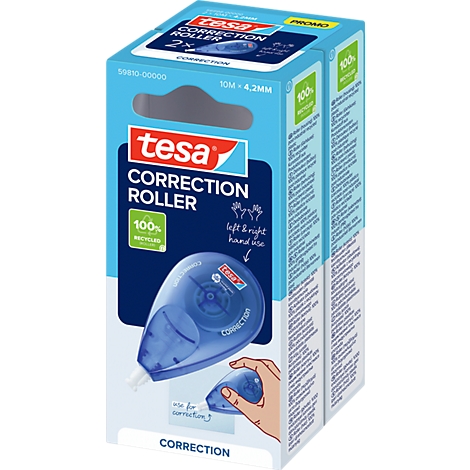 Doppelpack Tesa Korrekturroller in blauer Verpackung mit Produktabbildung und Anwendungshinweis.