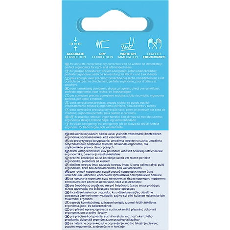 Blaue Verpackungsrückseite eines Korrekturrollers mit Symbolen und mehrsprachigen Produktinformationen.