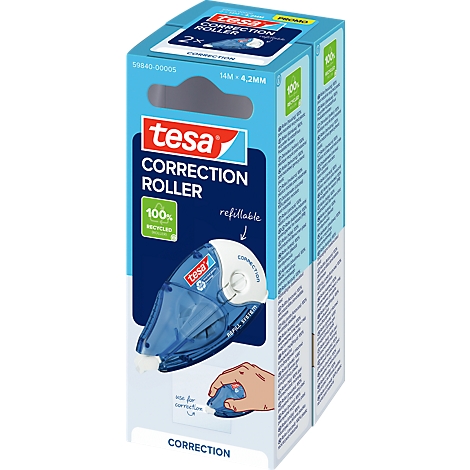Doppelpack Tesa Korrekturroller in hellblauer Kartonverpackung mit Produktabbildung und Anwendungshinweis.