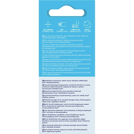 Blaue Rückseite einer Korrekturroller-Verpackung mit Symbolen für präzise, trockene Korrektur und Nachfüllsystem.