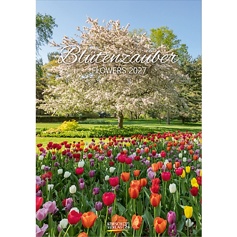 Kalenderdeckblatt mit blühendem Baum und buntem Tulpenfeld unter blauem Himmel, Titel: Blütenzauber 2027.