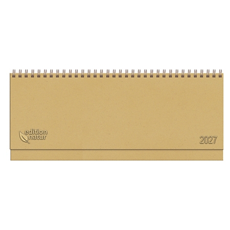 Calendrier de bureau brun clair, reliure à spirale en haut, année 2027.