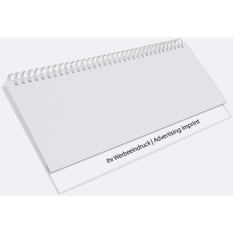 Modèle de calendrier de bureau blanc avec reliure spirale et impression : Votre empreinte publicitaire | Advertising imprint.