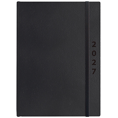 Cahier noir avec l'année 2027 en relief et une bande élastique noire.