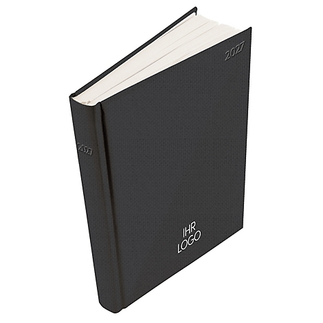 Carnet noir avec l'année 2027 en relief et un logo.