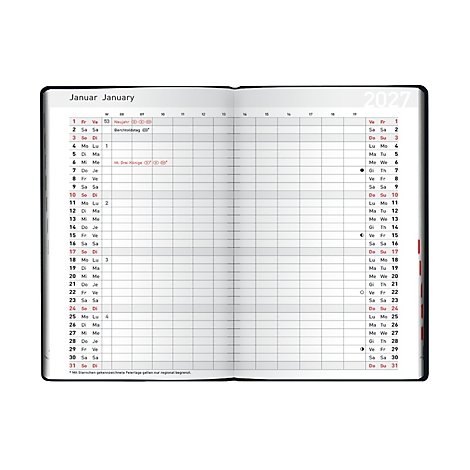 Carnet ouvert avec calendrier de janvier. Jours et dates dans une grille grise, bordure noire. "Janvier/January" et "2022" en gris en haut.