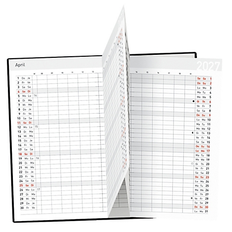 Un carnet ouvert affichant le mois d'avril 2027. Deux pages sont ouvertes, le calendrier mensuel à gauche, la vue hebdomadaire à droite.