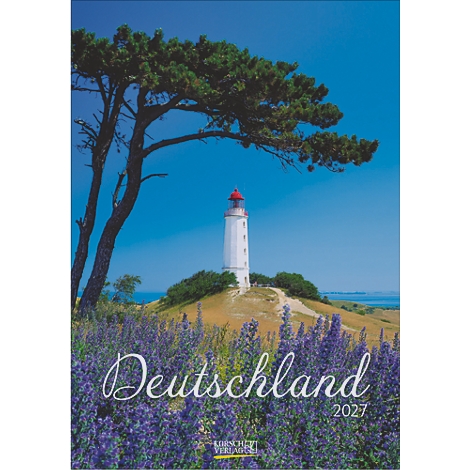 Couverture de calendrier avec phare, pré vert, fleurs violettes et texte 'Deutschland 2027'.