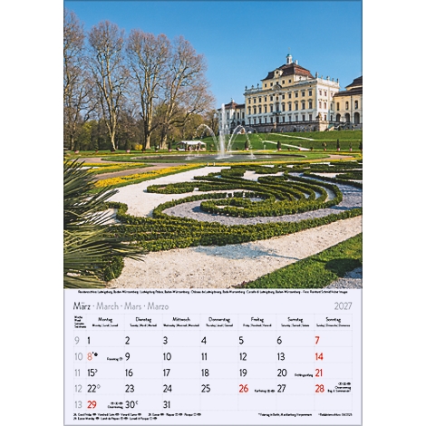 Calendrier de mars 2027 avec jardin du château et fontaine. En arrière-plan, un château baroque.