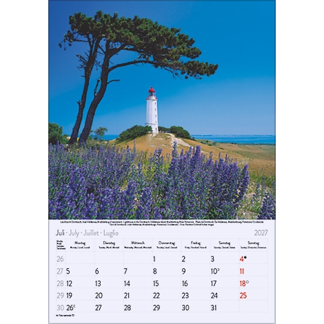 Calendrier de juillet 2027 avec un phare et des plantes en fleurs. Le bleu et le vert dominent l'image.