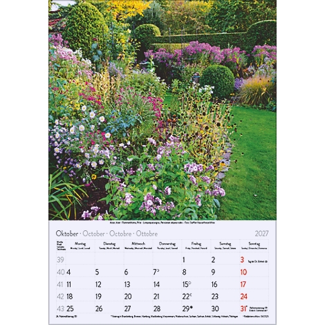 Un jardin en automne, rempli de fleurs colorées. En arrière-plan, un calendrier avec le mois d'octobre 2027.