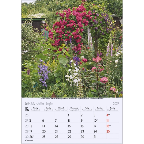 Une page de calendrier de juillet 2027 avec des fleurs colorées et un jardin luxuriant.