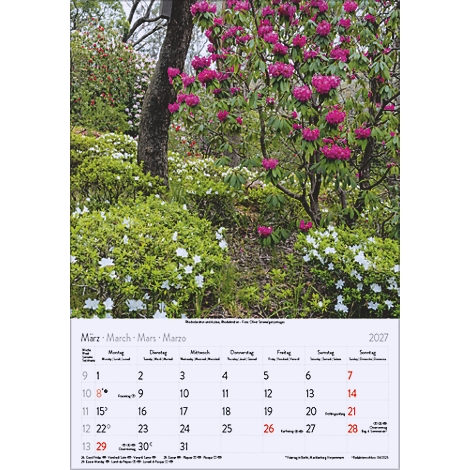 Calendrier avec les dates de mars 2027, avec des fleurs rouges en fleurs et des plantes vertes en arrière-plan.