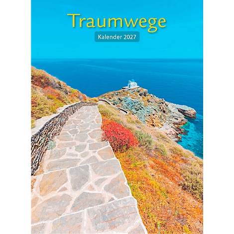 Calendrier Traumwege 2027 avec un chemin côtier pittoresque et une église blanche au bord de la mer.