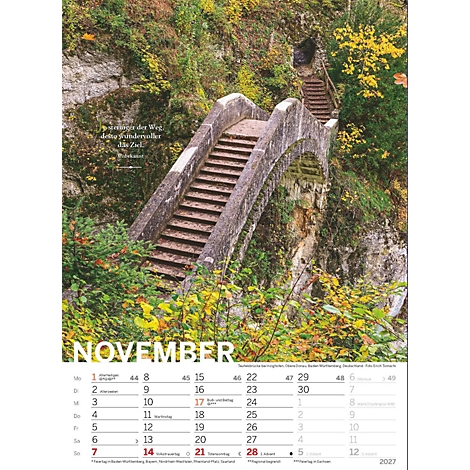 Pont de pierre avec escaliers dans un paysage d'automne. Texte "Novembre" et calendrier.