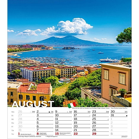 Calendrier pour août 2027 avec vue sur Naples, Italie. Au fond, le Vésuve.