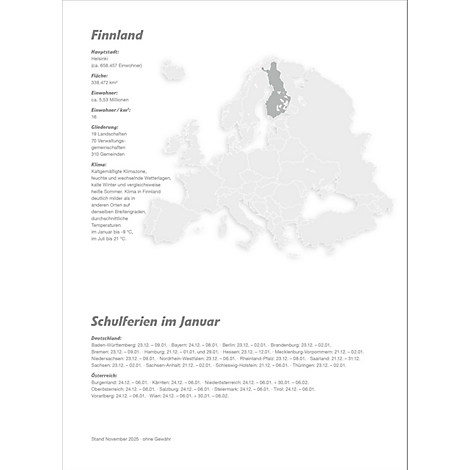 Infographie : carte de l'Europe, mettant en évidence la Finlande. Informations sur la Finlande et les vacances scolaires de janvier en Allemagne et en Autriche.