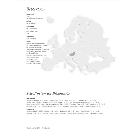 Carte grise de l'Europe avec focus sur l'Autriche, informations textuelles sur l'Autriche et les vacances scolaires en décembre.