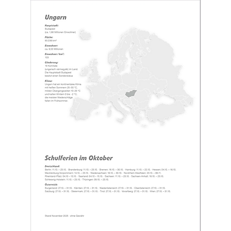 Carte grise de l'Europe avec la Hongrie en surbrillance. Texte avec des informations sur la Hongrie et les vacances scolaires en octobre.