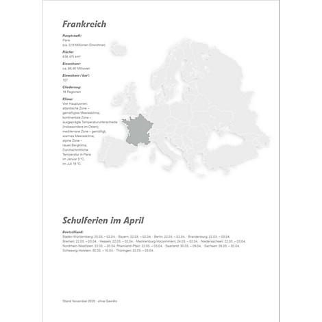 Carte grise de l'Europe avec la France en surbrillance et des informations textuelles telles que "Vacances scolaires en avril".