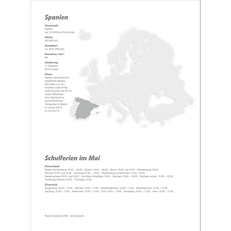 Carte grise de l'Europe avec l'Espagne en surbrillance et des informations textuelles telles que "Vacances scolaires en mai".