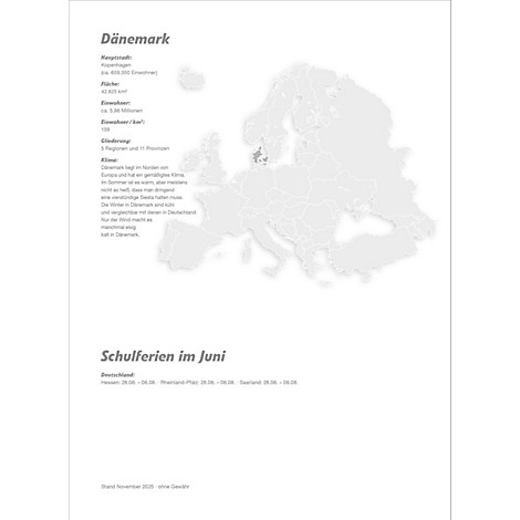Infographie sur le Danemark et l'Europe avec texte et carte. Informations textuelles sur la population, la superficie et les écoles au Danemark.