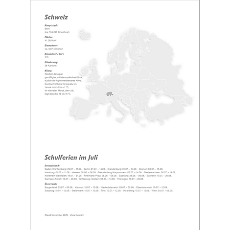 Infographie sur la Suisse avec une carte de l'Europe en arrière-plan et des informations sur les vacances scolaires en juillet.